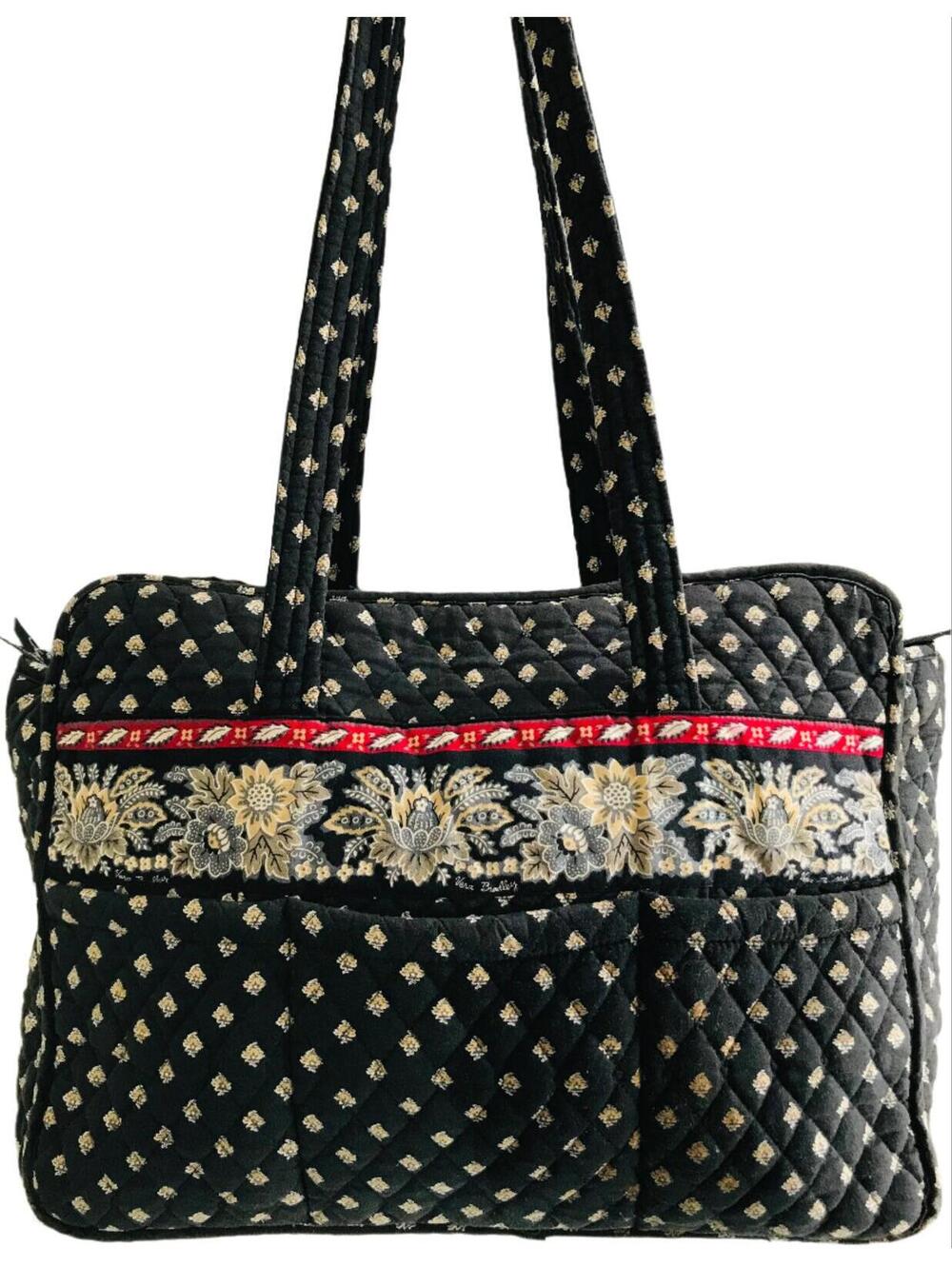 Vera Bradley Quilted Tote Bag Black with Blue and Gold Flowers 16" LT STAINING